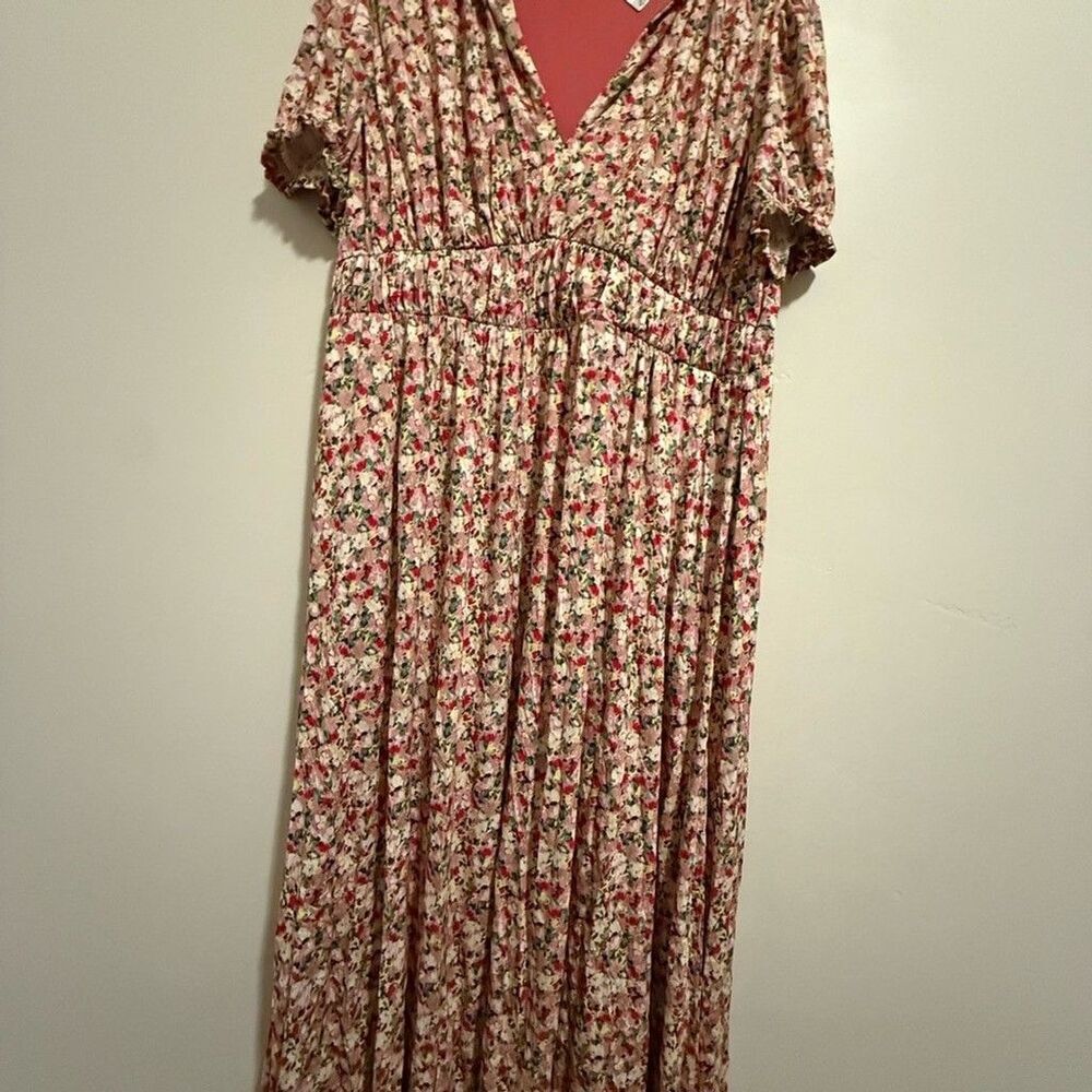 Boden Ruched strech Jersey Pink Floral Maxi Dress women short sleeve plus 14R - Picture 5 of 13